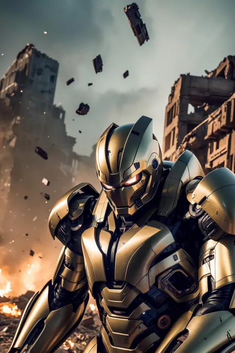 armor,1boy,city,A highly destructive heavy-duty mecha,Parts spray energy rays,Dynamic pose,upper body,Attacked by shells,The sky was filled with fragments of artillery shells,Damaged mechanical components,Collapsed buildings,vibrant details,beautiful backg...
