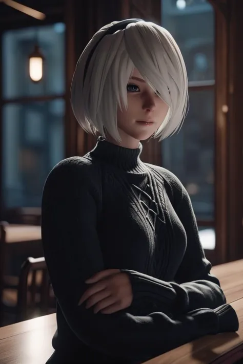 a woman with white hair and a black sweater sitting at a table