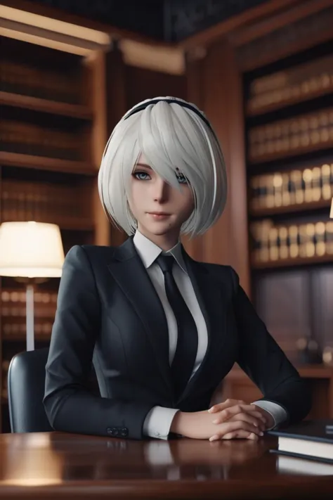 cinematic photo yorha2b,<lora:yorha2b_sdxl_V10-000008:0.65>,looking at viewer,business suit,office,sitting,wooden desk,window, bookshelf,  . 35mm photograph, film, bokeh, professional, 4k, highly detailed