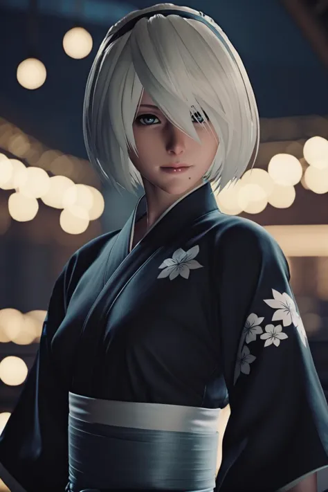 cinematic photo yorha2b,<lora:yorha2b_sdxl_V10-000008:0.65>,looking at viewer,smirking,yukata, . 35mm photograph, film, bokeh, p...