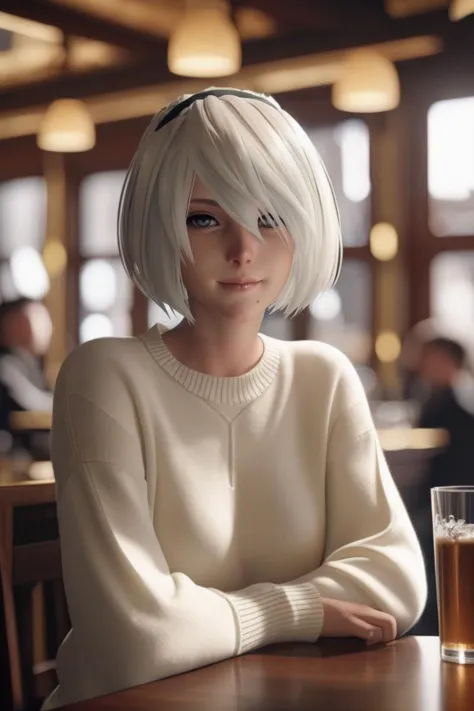 cinematic photo yorha2b,looking at viewer,smirking,full body,beige_sweater,restaurant,drinking glass,meal,people in background,windows, . 35mm photograph, film, bokeh, professional, 4k, highly detailed