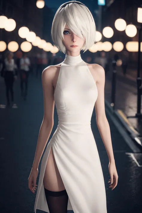 cinematic photo Best quality,masterpiece,ultra high res,1girl,yorha2b,street,city,night,white sleeveless pencil dress,hip slits, . 35mm photograph, film, bokeh, professional, 4k, highly detailed, 