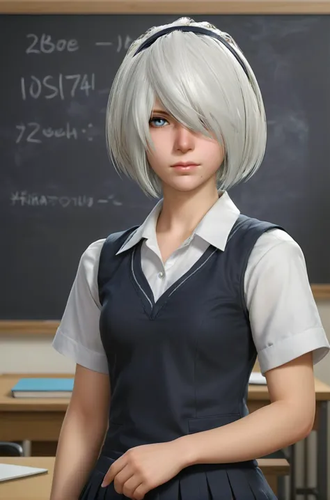 ,yorha2b,white hair,school_uniform,classroom,upper body,chalkboard,