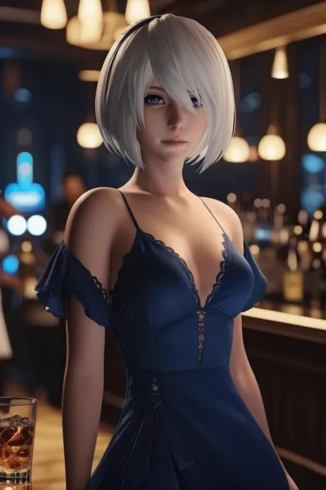 cinematic photo yorha2b,<lora:yorha2b_sdxl_V10-000008:0.65>,looking at viewer,bar,blue nightgown,people in background,bartender,...