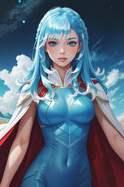 a woman in a blue outfit with a cape and cape on