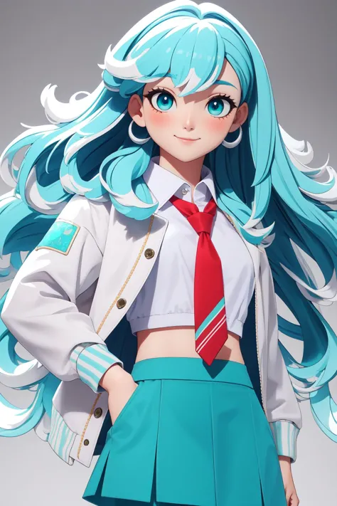 (masterpiece, best quality),  intricate details,
1girl,        Kobo, Multicolored hair, Aqua eyes,   kobo kanaeru, light blue hair, white hair tips, 
 u.a. school uniform, grey jacket, red necktie, green skirt, green pants,  
3DMM,