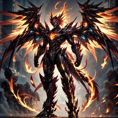 a demonic looking creature with fiery wings and glowing eyes