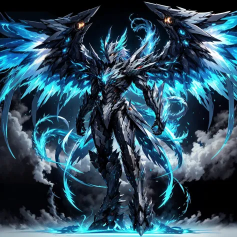 a black and blue anime character with wings and glowing eyes