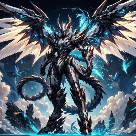 a large black and white dragon with wings and a blue sky background