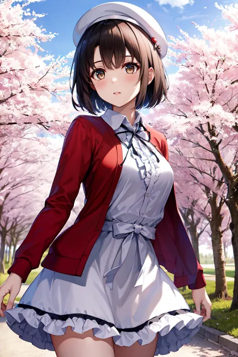 masterpiece, best quality, highres, hmkm1, short hair, white headwear, beret, red cardigan, white dress, frills, ribbon, long sleeves, open clothes, medium breasts, <lora:katou_megumi_v1:0.7>, cowboy shot, standing, cherry blossoms, outdoors