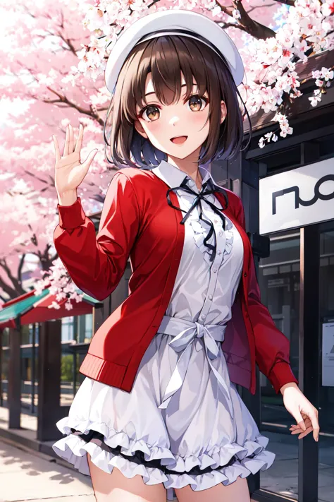 masterpiece, best quality, highres, hmkm1, short hair, white headwear, beret, red cardigan, white dress, frills, ribbon, long sleeves, open clothes, medium breasts, <lora:katou_megumi_v1:0.7>, cowboy shot, standing, cherry blossoms, outdoors, smile, waving...