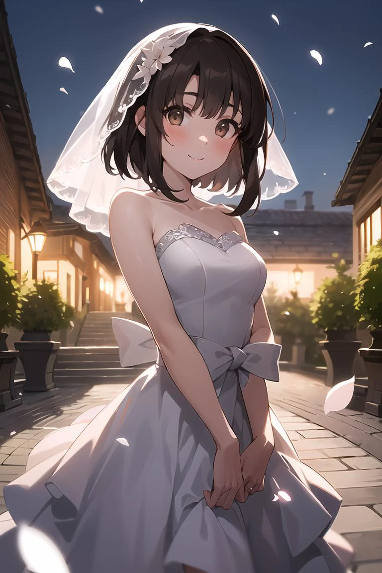 best quality, highres,soft lighting,1girl,katou megumi,BROWN HAIR,medium breasts,look AT VIEWER,blush,smile,wedding dress,marry,STONE WALK,garden,falling petal,cowboy shot