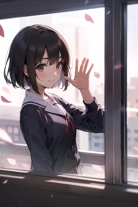 a girl,katou megumi,smile,(out the window:1.2) (outside view:1.1), waving hand,From the third person, fluttering petals, depth o...