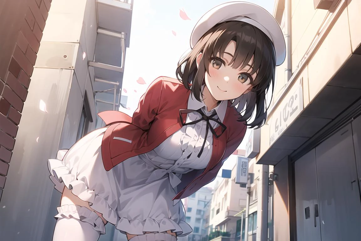 1girl,hmkm1,katou megumi,white dress, red jacket, neck ribbon, beret, frills, bow,smile,look at viewer,bent over,arms behind back,street,from below,falling petal,white thighhighs 