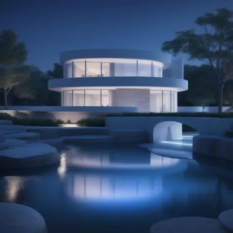sketch,building,water,reflection,stones,tree,Curve,blue sky,night,futuristic,modern,expensive,cool