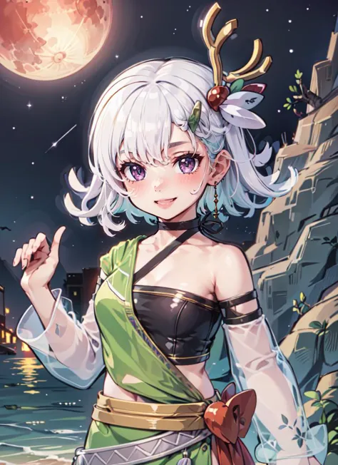 ((best quality)), ((highly detailed)), , (1girl), solo, <lora:age_slider_v2:-2>, upper body, <lora:Lily_Everhart_v2:.7>, Lily_Everhart, white hair, hair ornament, purple eyes, medium breasts, smiling, jewelry, earrings, black choker, green dress, see-through sleeves, detached sleeves, bare shoulders, collarbone, (outdoors, at the coast, people beach, (multiple others), horizon, <lora:Concept_RockyBackdrop:1>, rocky backdrop, rocks in the water, seagulls, waves, midnight, night sky, stars, blood moon, shooting star)