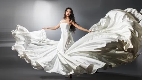 a woman in a white dress is dancing in a white dress