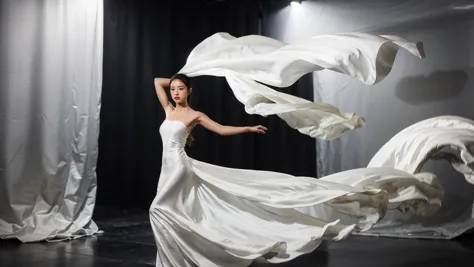 arafed woman in a white dress is dancing in a studio