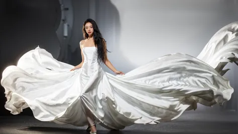 a woman in a white dress is posing in a studio