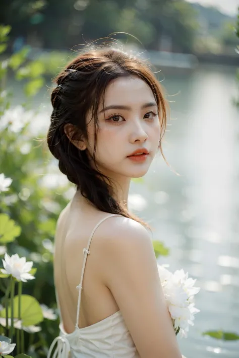 girlcuchoamiface, The woman's beauty can be enhanced by the reflection of the lotus flowers in the water. The vibrant colors of the lotus flowers can also add to the beauty of the scene, creating a harmonious blend of colors, RAW photo,(high detailed skin:...