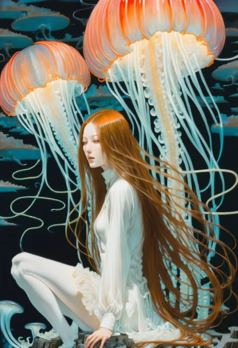 piece by Takato Yamamoto of a sprawling psychedelic city overtaken by glowing giant jellyfish,glowing bioluminescent translucent tentacles hang from the sky (entangling:1.6) and surrounding a stunning redhead woman with (long hair:2),vintbux,sheer cloth,see through clothing,cosmic multicolour neon,octane rendering,extreme detail,trending on ArtStation,cosmic masterpiece