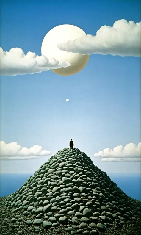 a painting of a person sitting on a rock hill with a moon in the sky