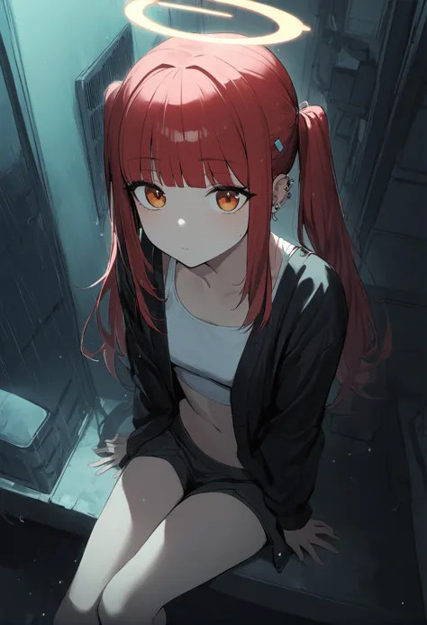 anime girl with red hair sitting on a ledge in a dark room