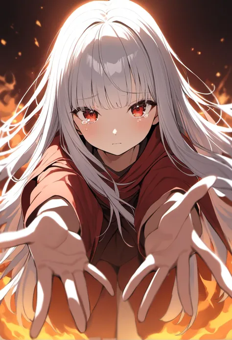 1girl,  reaching towards viewer,  fire background, cute, red cape, red eyes, silver hair, very long hair, tears, very aesthetic, best quality, cinematic angle, looking at viewer, depth of field, outstretched arms