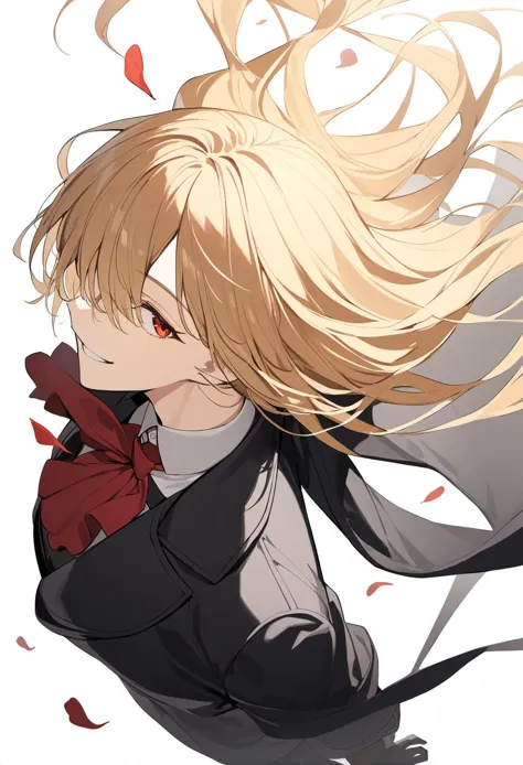 1boy, black coat, black gloves, blonde hair, red eyes, collared coat, hair over one eye, long sleeves, petals, red ascot, simple background, smile, solo, floating hair, white background, very aesthetic, best quality, from above, from side