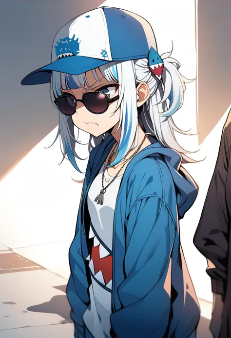 anime girl with white hair wearing a blue hat and sunglasses