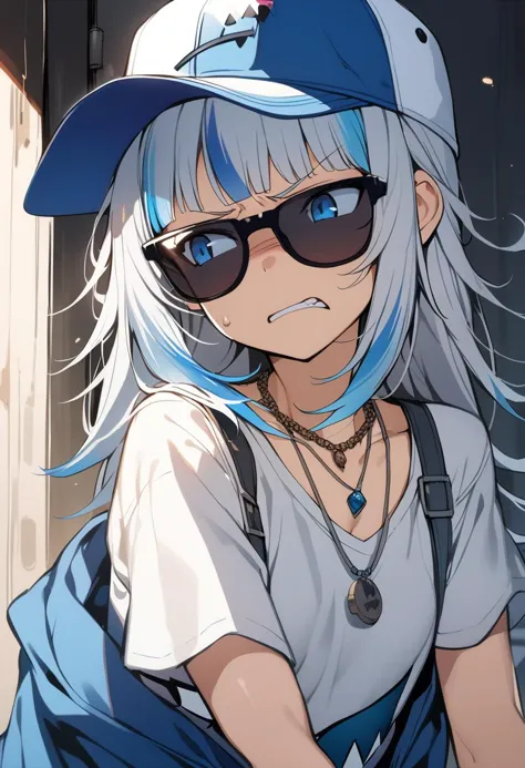 1girl, gawr gura, hololive, hololive english, angry, baseball cap, blue eyes, blue hair, disappointed, grey hair, hat, jewelry, looking to the side, necklace, sunglasses, mid, masterpiece, best quality