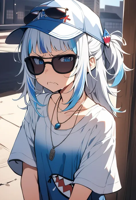 1girl, gawr gura, hololive, hololive english, angry, baseball cap, blue eyes, blue hair, disappointed, grey hair, hat, jewelry, looking to the side, necklace, sunglasses, mid, masterpiece, best quality