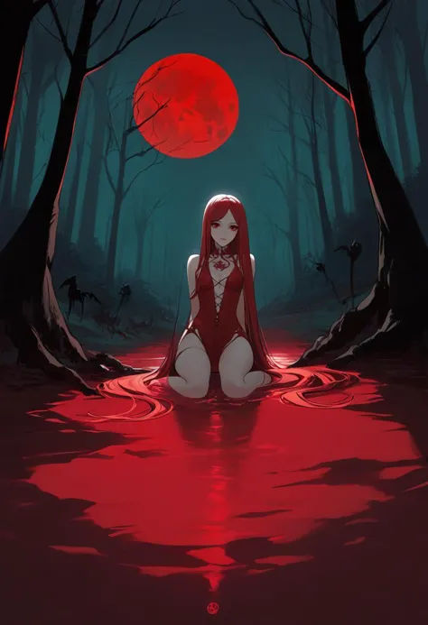 1girl, sitting in a red pool of water at night with a full moon in the background and a creepy forest, gothic art, very aesthetic