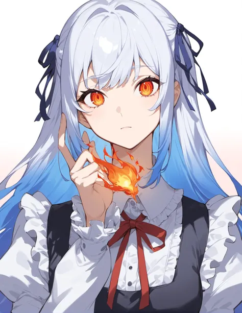 closed mouth,frills,collared shirt,hair ribbon,blue hair,hand up,blue ribbon,silver hair,gradient hair,neck ribbon,brown background,puffy sleeves,dress,pink background,very long hair,hand on own face,head tilt,red ribbon,dress shirt,frilled shirt,two-tone hair,simple background,white hair,blouse,maid,pinafore,
dress,uniform,gradient background,frilled sleeves,best aesthetic,lolsplashart,nijimecha,Burning mech closeup concept art,portrait,head only,black mech,flames,burning,embers,glowing eyes,bath of fire,epic scene,looking at viewer,best quality,masterpiece,symmetrical composition,in the style with mecha anime,<lora:granblue_fantasy_style_pony:1>,