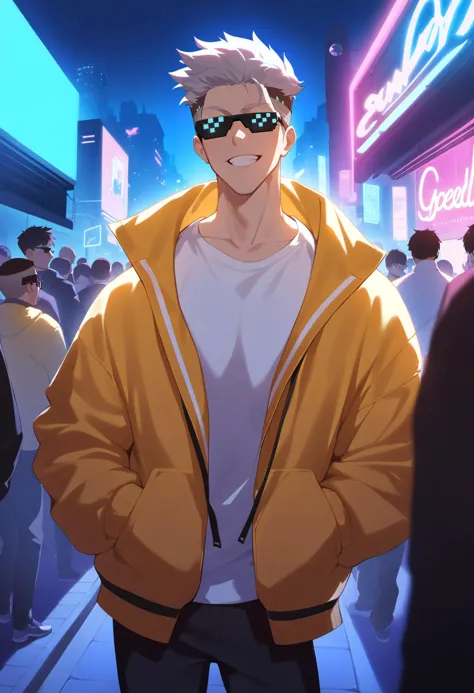 1boy, david martinez \(cyberpunk\), cyberpunk edgerunners, brown hair, yellow jacket, shirt, IncrsXLDealWithIt, sunglesses, standing, hands in pockets, open mouth, grin, solo focus, portrait, cyberpunk, outdoors, city, crowd, sidewalk, neon signs, neon lighting, very aesthetic, best quality, <lora:DealWithIt:1>