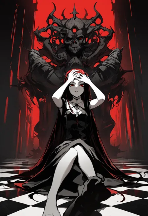 a woman sitting on a checkered floor with a demon behind her