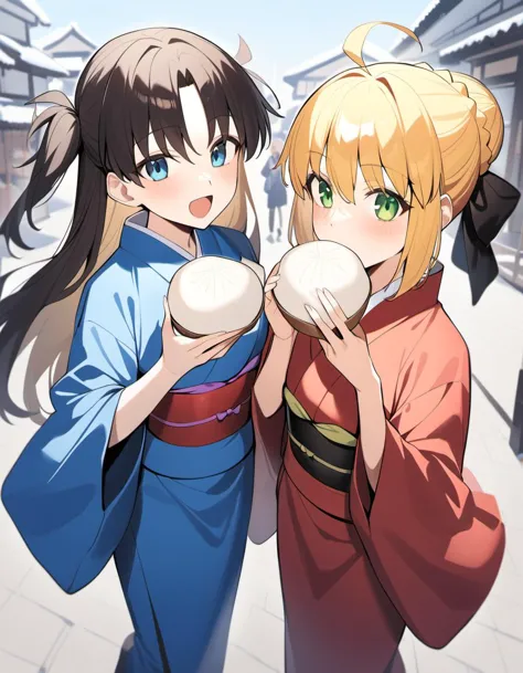 2girls, artoria pendragon (all), artoria pendragon (fate), saber (fate), tohsaka rin, fate/stay night, fate (series), :d, ahoge, baozi, black hair, black ribbon, blonde hair, blue eyes, blue kimono, braid, braided bun, eating, food, green eyes, hair between eyes, hair bun, hair ribbon, hand up, holding, holding food, japanese clothes, kimono, long hair, multiple girls, new year, obi, open mouth, outdoors, red kimono, ribbon, sash, single hair bun, smile, two side up, v, wide sleeves, newest, absurdres, highres, masterpiece