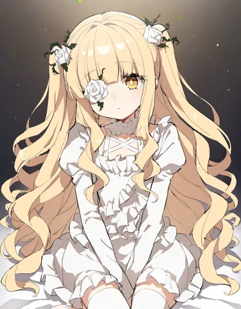 1girl, kirakishou, solo, blonde hair, flower, flower over eye, frilled shirt, frilled skirt, dark yellow eyes, bright pupils, hair flower, hair ornament, juliet sleeves, long hair, wavy hair, white flower, jitome, white rose, gorgeous interior, very aesthetic, soft blending, dreamy and emotional style, cute, girly,  high definition lineart,   <lora:kirakishou-v1:0.8>