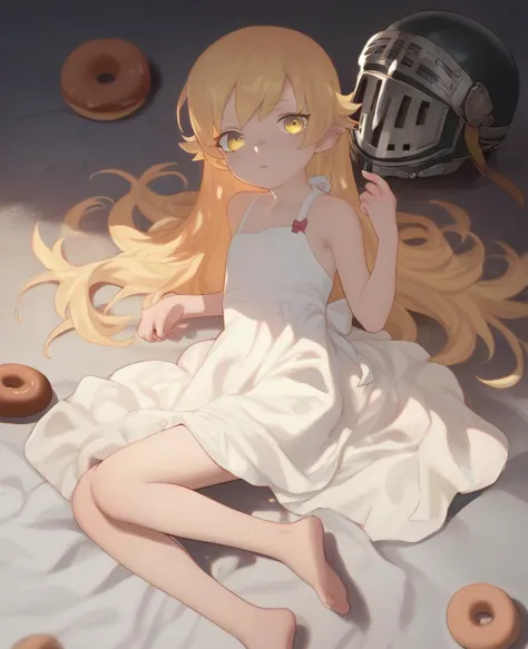 anime girl laying on a bed with donuts and a helmet