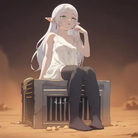 anime girl sitting on a bench in the desert with a phone