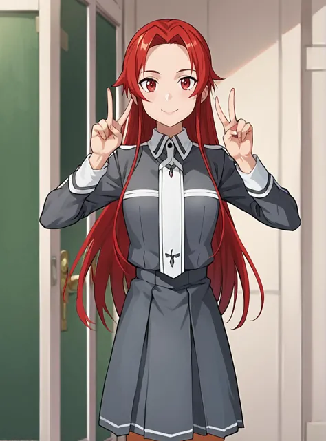 anime girl with red hair and gray dress making peace sign