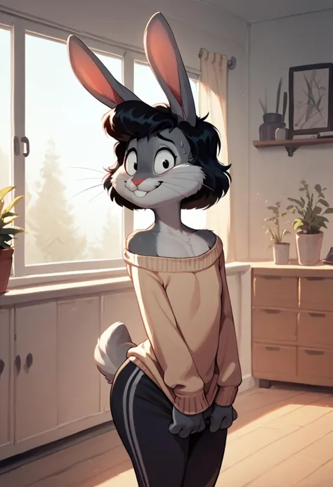 a cartoon bunny is standing in a room with a window