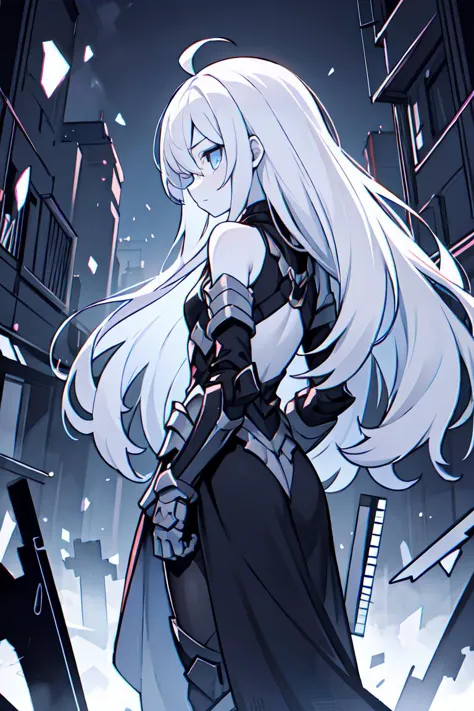 masterpiece, best quality, pale skin, monochrome, eerie, horror, white hair, dynamic view, absurdly long hair, ahoge, glow, evil...