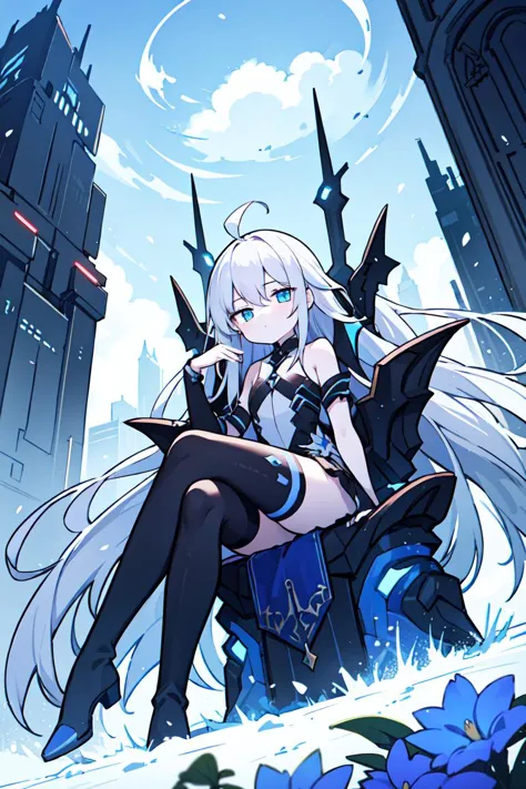 1girl, sitting on a black throne, blue flowers, sunny, black sky, outdoors, absurdly long hair, white hair, ahoge, blue eyes, fl...