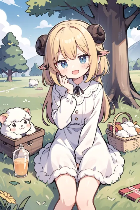 best quality,detailed illustration,kawaii,sheep girl,sheep ears,standing,happy,smile,open mouth,hand on own cheek,picnic basket,...