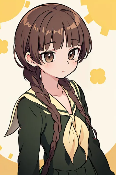 (masterpiece, best quality), 1girl, beautiful face,   <lora:shimazu_yoshino_v1:1> aayoshino, long hair, twin braids, brown eyes, hair over shoulder, school uniform, sailor collar, neckerchief, green shirt, sailor shirt, long sleeves, green skirt, long skirt,