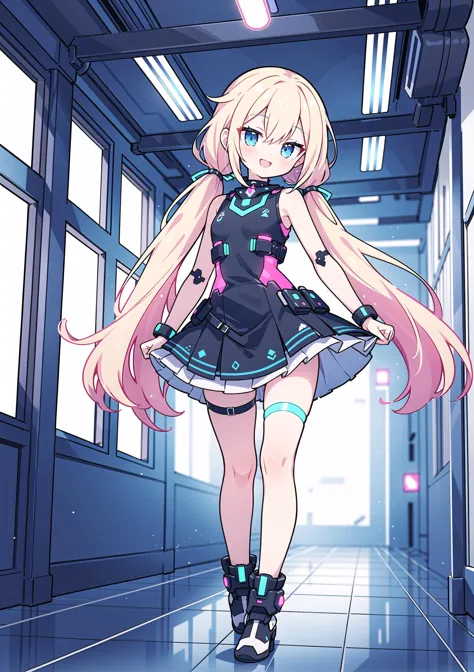 ((solo:1.2)),cute little android walking in a corridor, in a futuristic setting,[from below:1.2], featuring pink, light blue neo...