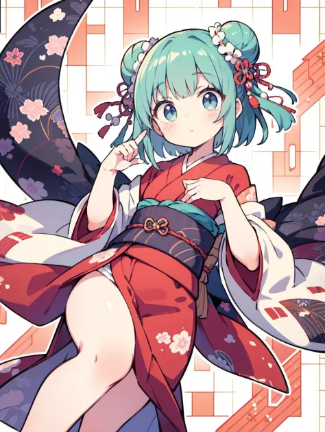 1girl, kimono, (bun:1.1), (thick thighs:0.8), look at viewer, (Japanese pattern background:1.4), dynamic angle