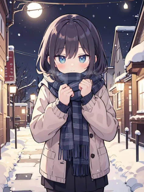 1girl, sweater, shy, blush, snowy town, night, looking at viewer, scarf