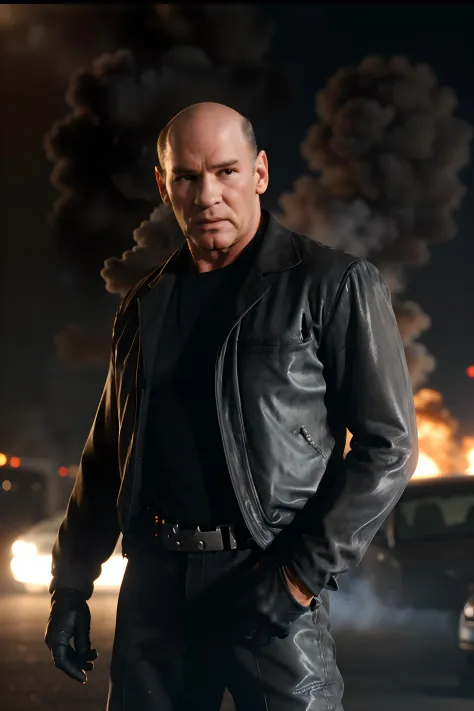 cartel de película de acción, protagonizada por mitch_pileggi, fumar, carros, explosiones, traje negro, guantes, armas de fuego,
